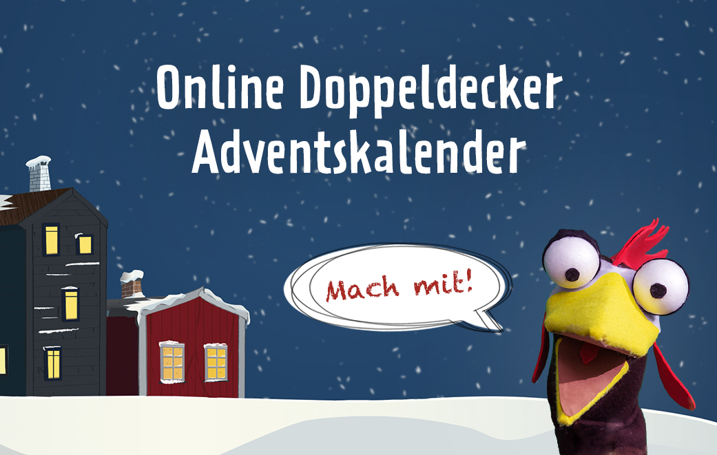 Illustrierte Winterlandschaft mit Häuser und Huhn-Handpuppe Werbung für Online Doppeldecker Adventskalender